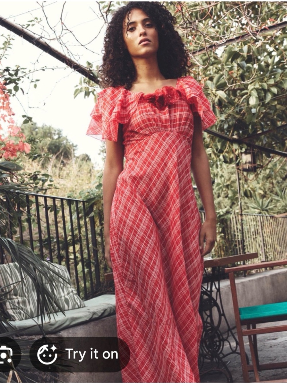 Doen Red Plaid Nevara bias midi Maxi floral appliqué Dress